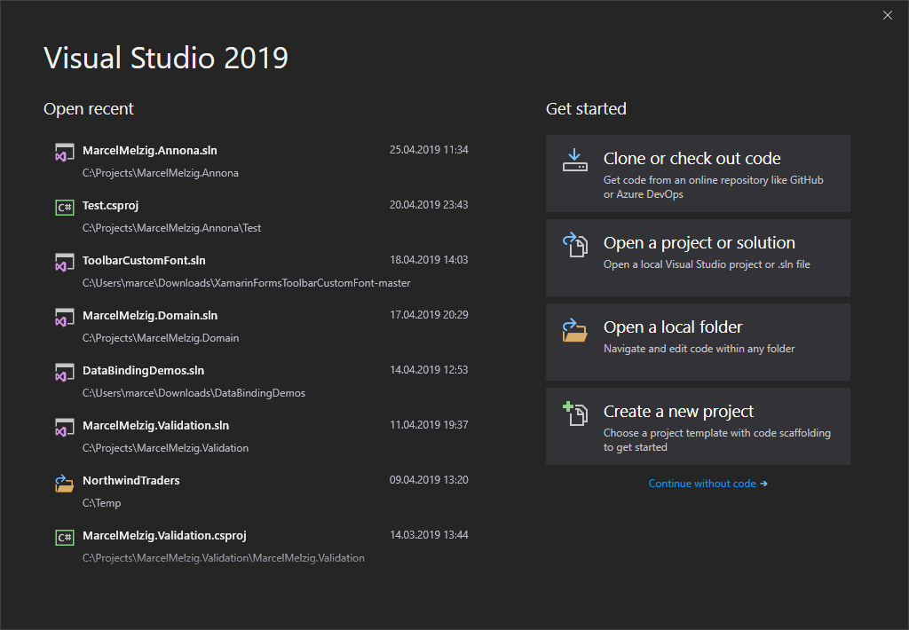 visual-studio-2019-start-screen